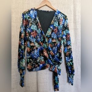Zara velvet floral long sleeve faux wrap top in jewel tones